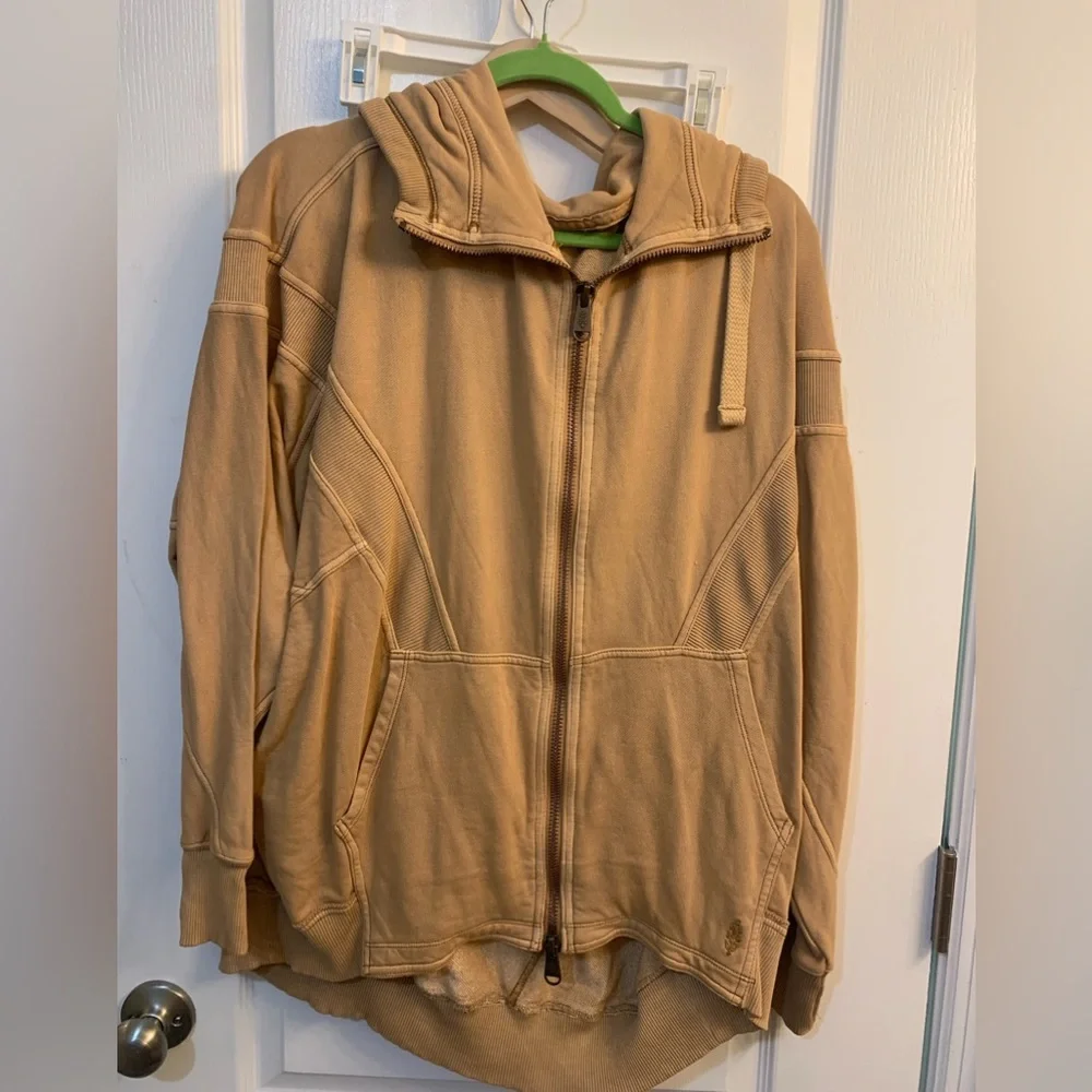 Free People FP Movement All Your Love Solid Tan Oversized Zip Up Hoodie
